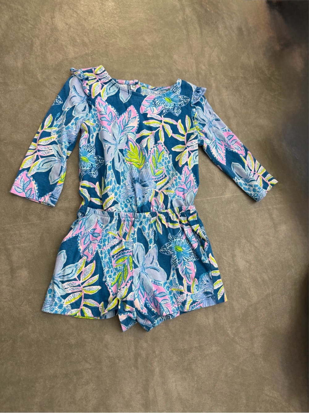 Lilly Pulitzer Blue Floral Girls Romper with Pink & Green Accents